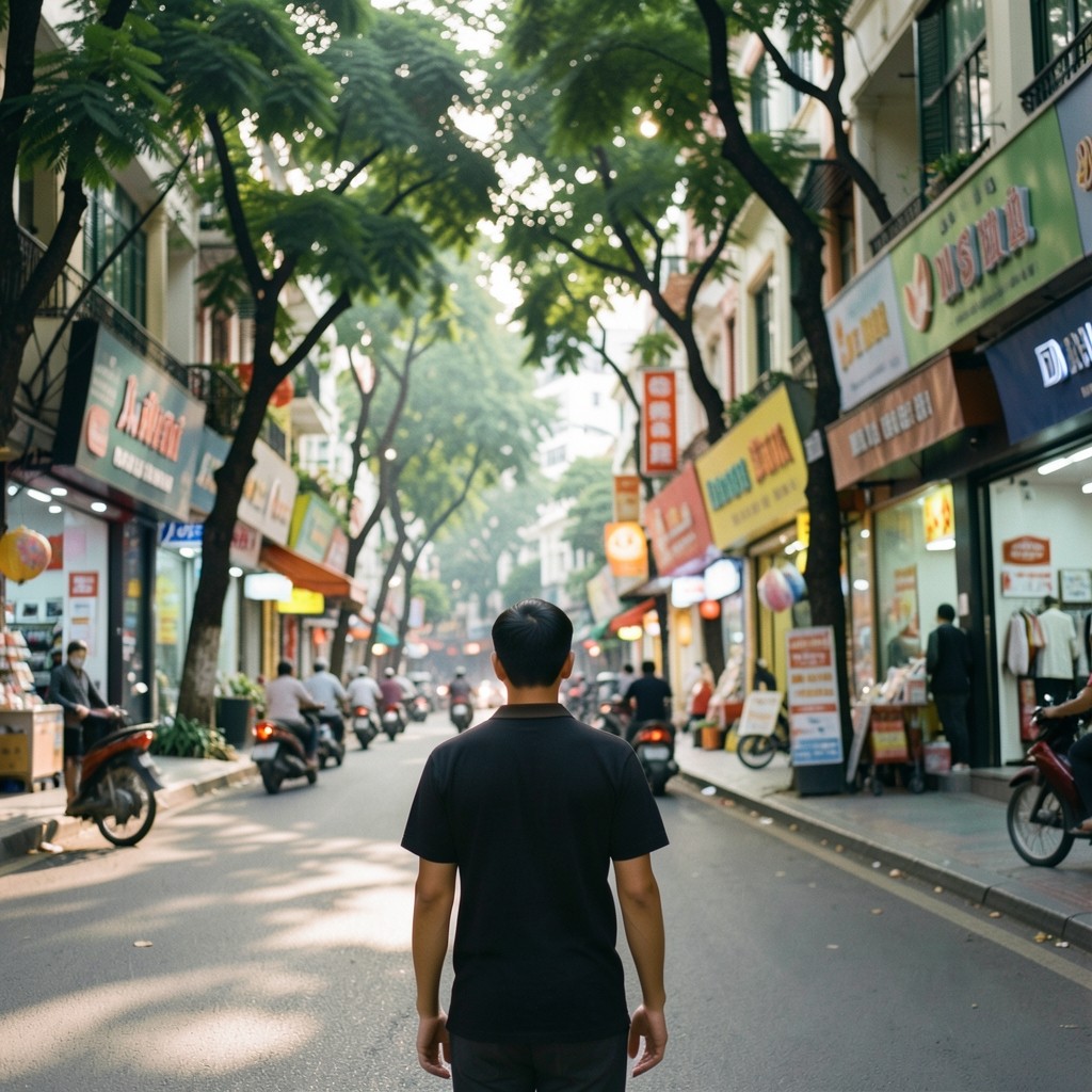 Analyst observing storefronts along a tree-lined retail street in soft afternoon light