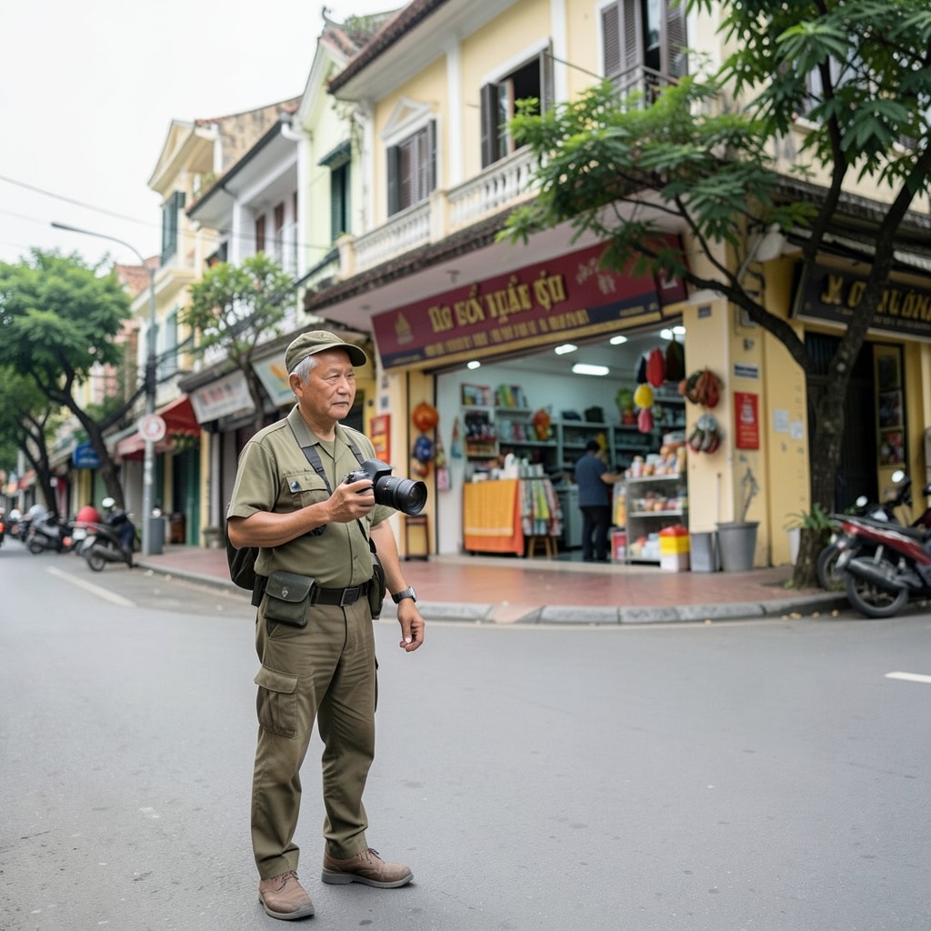 Researcher photographing a retail frontage from across a quiet street