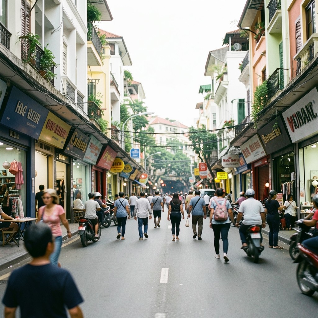 Pedestrian retail boulevard with mixed storefronts under soft daylight