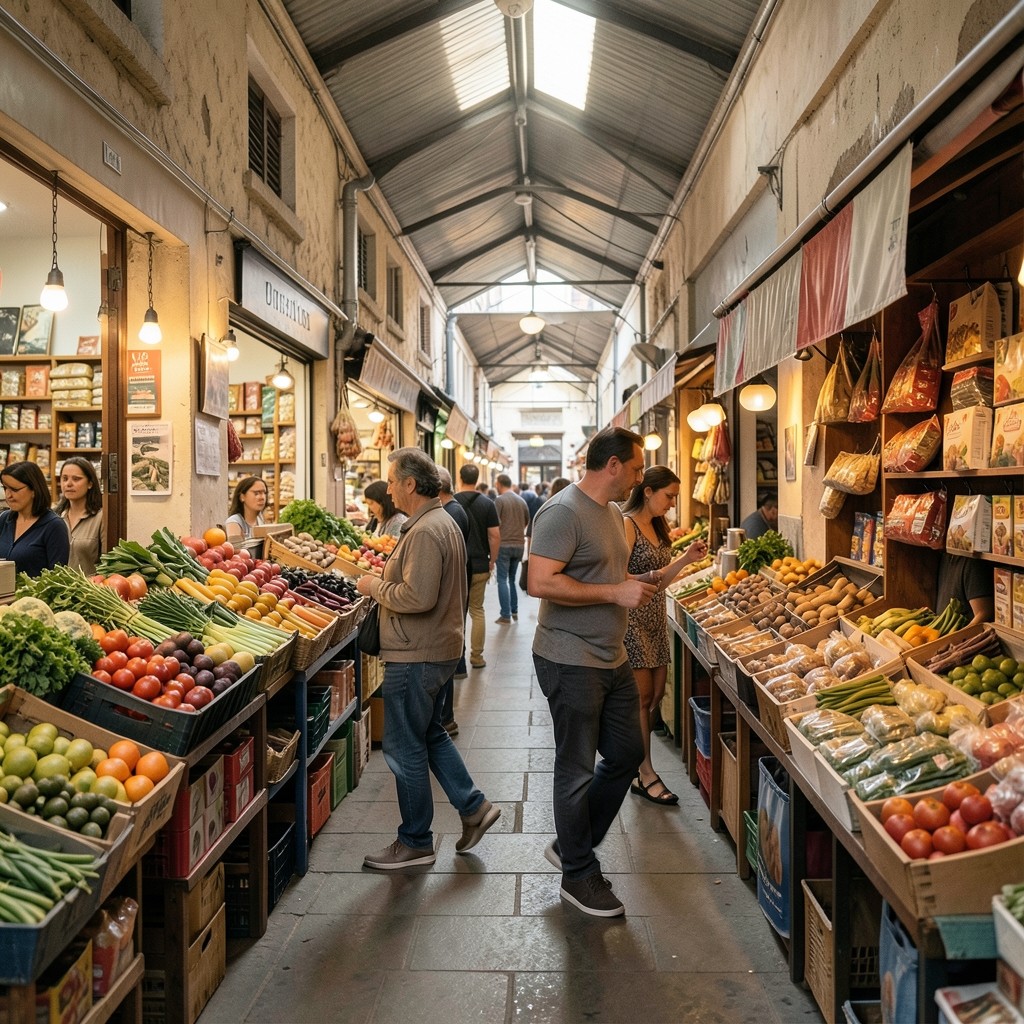 Covered market corridor with specialty retail stalls and shoppers