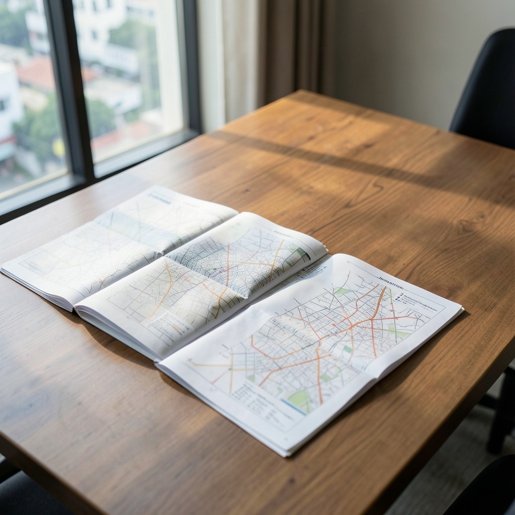 Meeting table with printed retail maps and notebooks beside a window