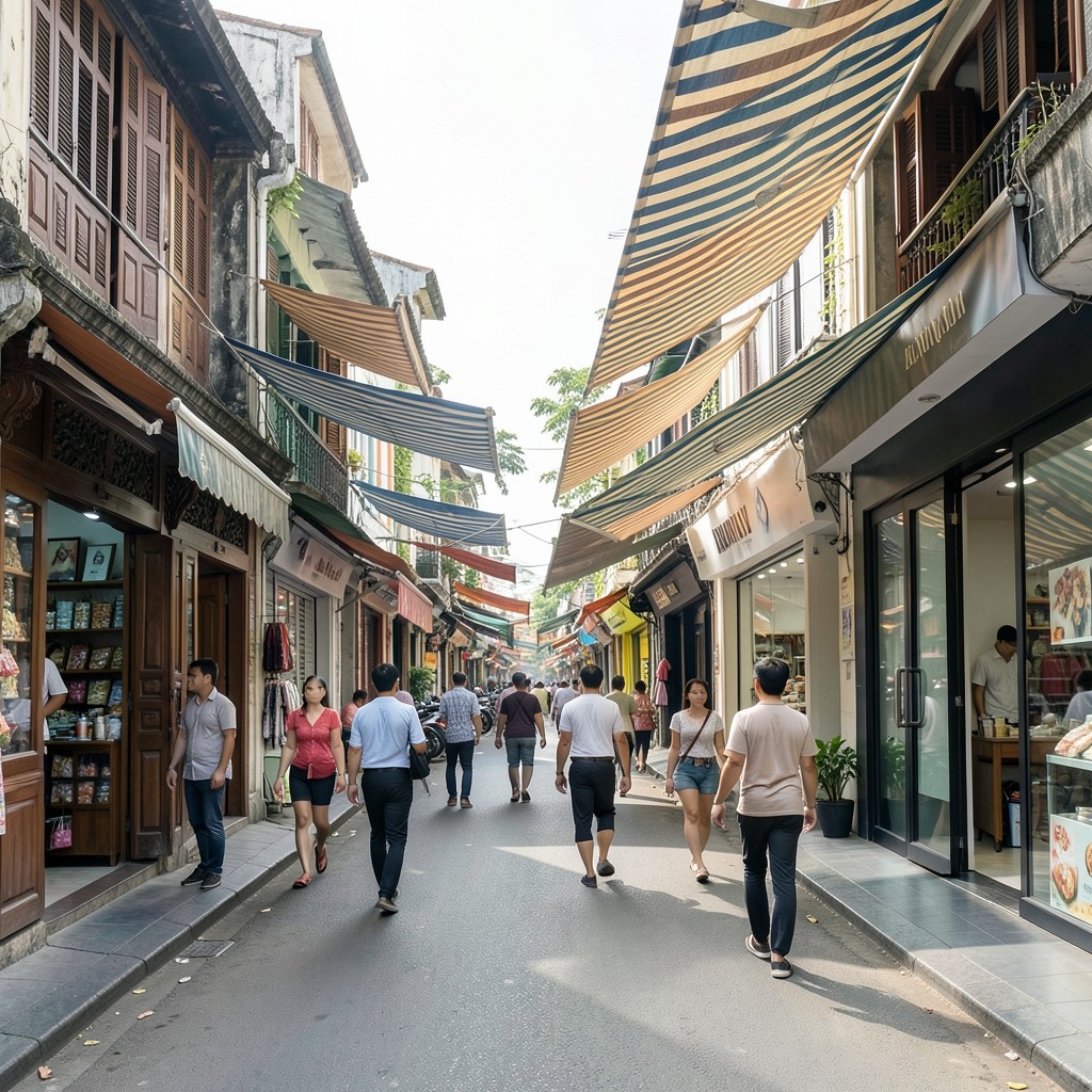 Open-air retail street with mixed storefronts and pedestrian activity
