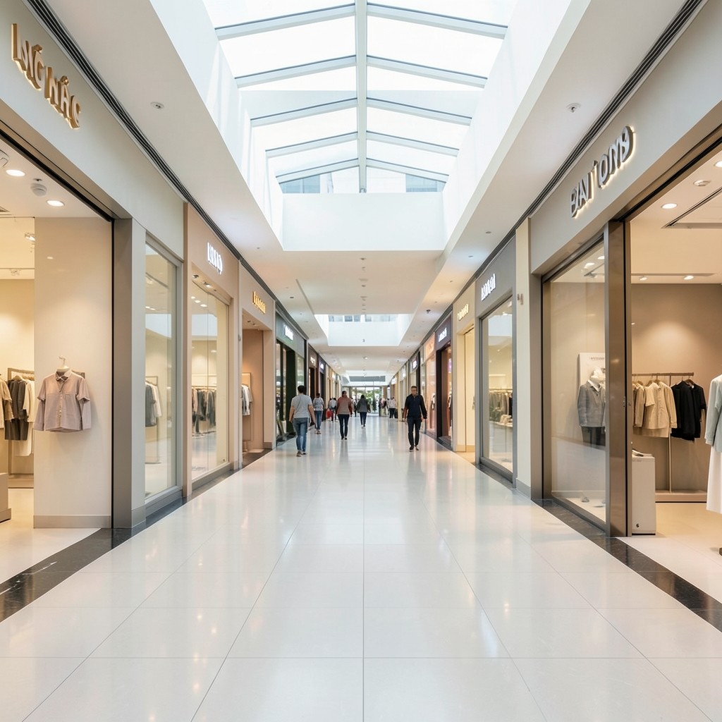 Shopping gallery interior with varied retail tenants along a walkway